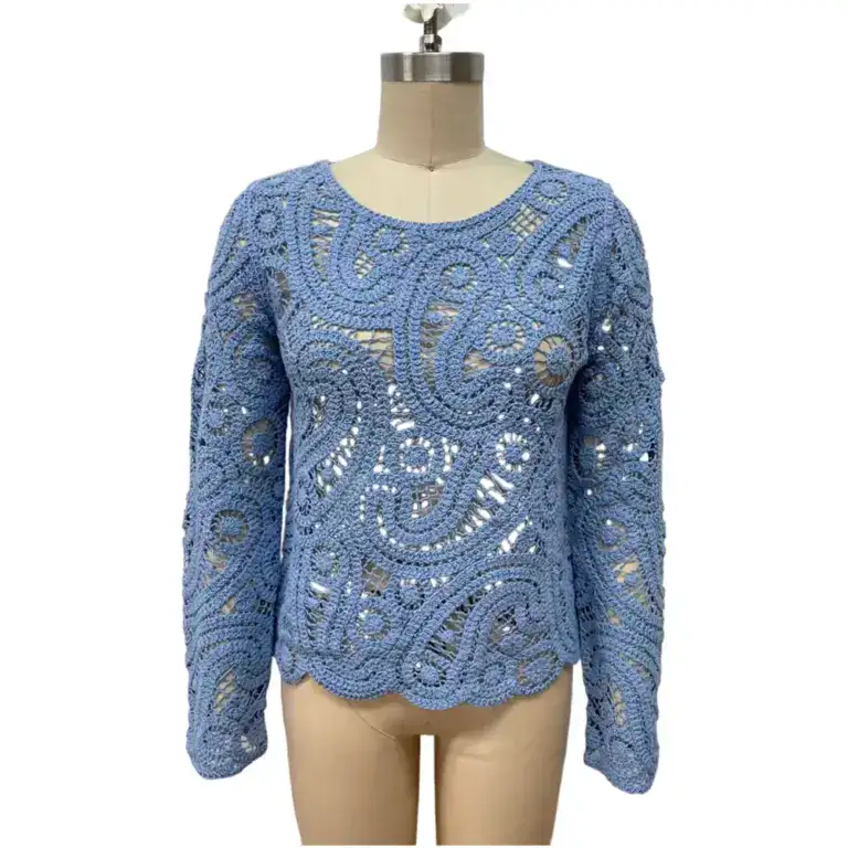 Light blue crochet sweater with intricate openwork pattern, long sleeves, and round neckline, perfect for casual or stylish wear.