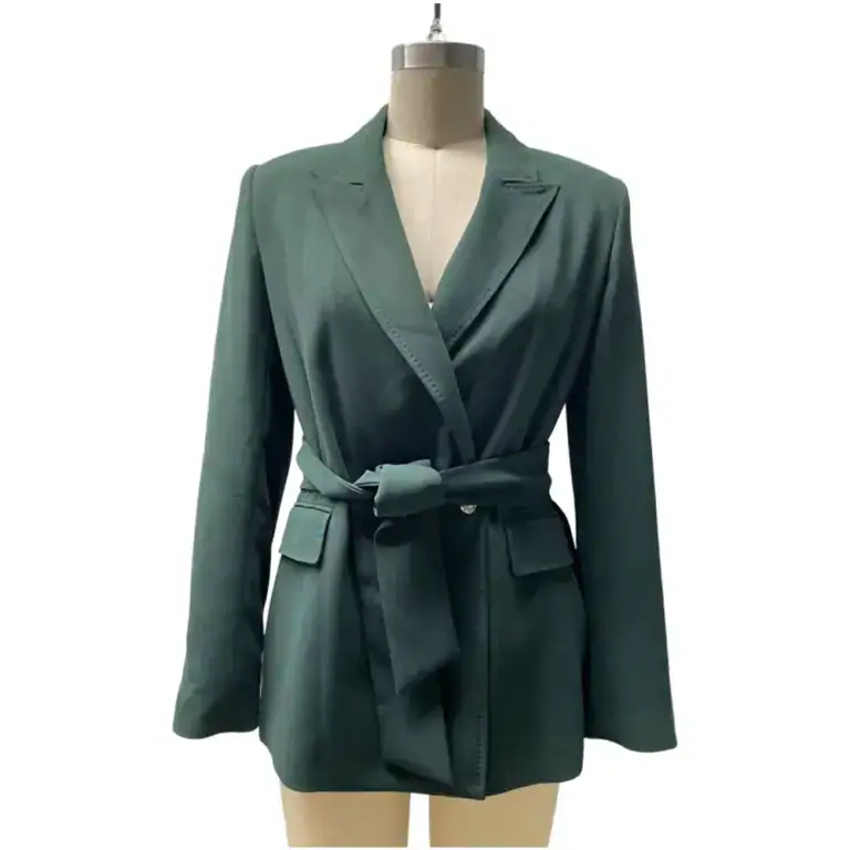 Stylish green blazer with a waist belt, tailored fit, and lapel collar, perfect for professional or casual wear.