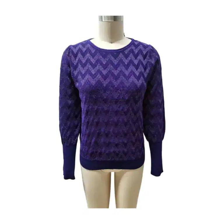 Stylish purple zigzag knit sweater with long sleeves and ribbed cuffs, perfect for fall and winter fashion.