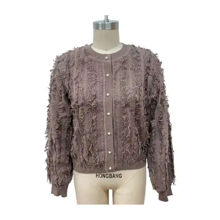Elegant mauve textured cardigan with pearl buttons, long sleeves, and a round neckline, perfect for stylish casual wear.