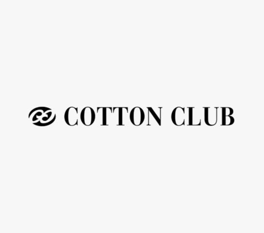 Black and white Cotton Club logo featuring a stylized cotton icon and bold text, ideal for fashion branding and apparel marketing.