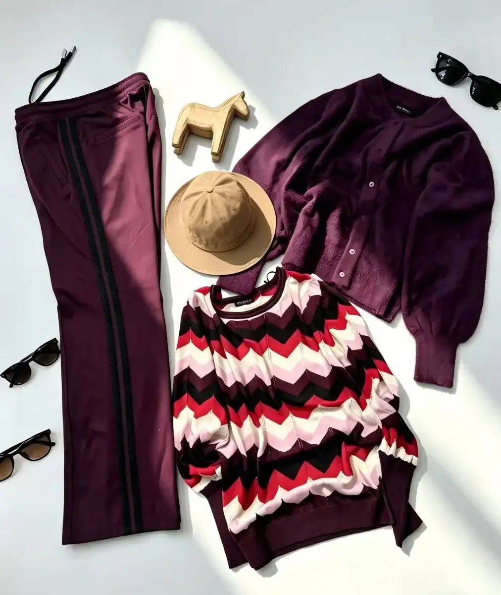 Stylish women's fall outfit including a purple cardigan, patterned sweater, burgundy pants, beige hat, and sunglasses for a fashionable look.