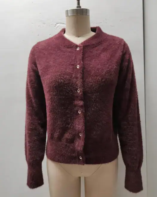 Elegant burgundy women's cardigan made of soft, fuzzy material with button closure, perfect for fall and winter fashion.