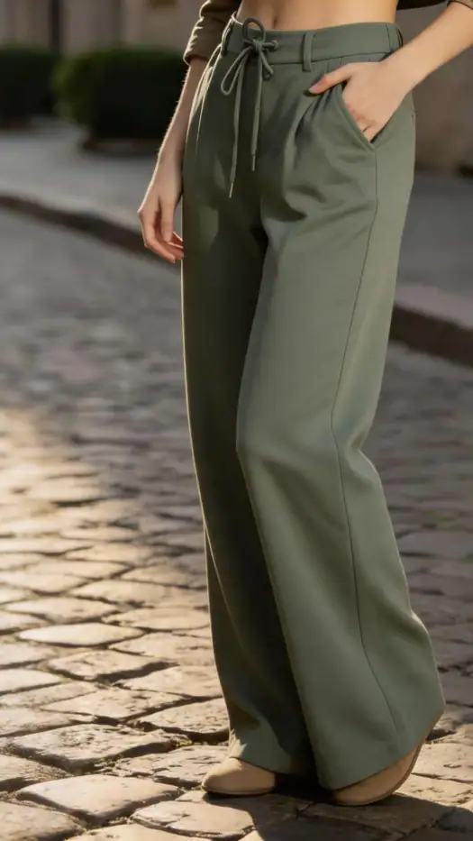 Stylish olive green wide-leg pants with a drawstring waist, perfect for casual or office wear, shown on a woman standing on a cobblestone street.