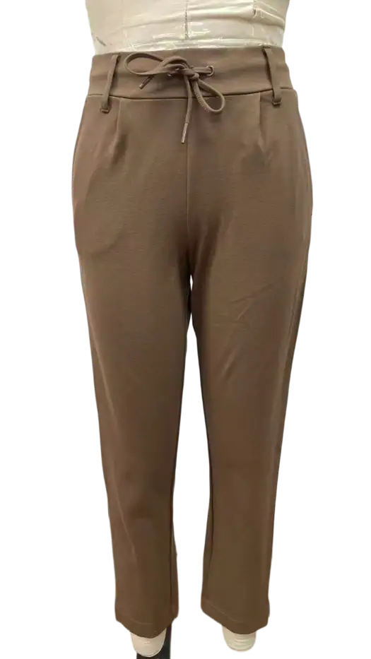 Elegant brown women's trousers with a drawstring waist, perfect for casual or office wear, showcasing comfortable and stylish fashion options.