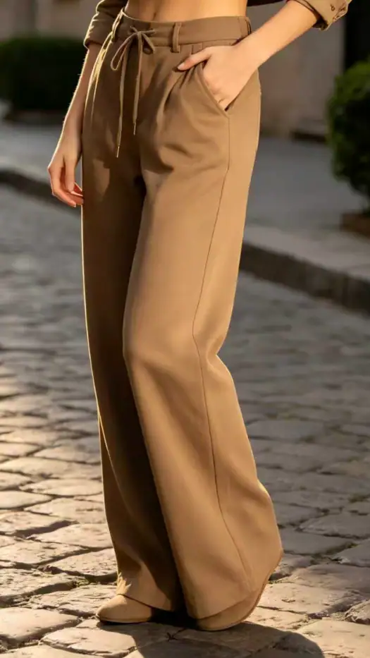 Elegant wide-leg brown trousers with a drawstring waist, perfect for casual or office wear, shown on a woman standing outdoors.
