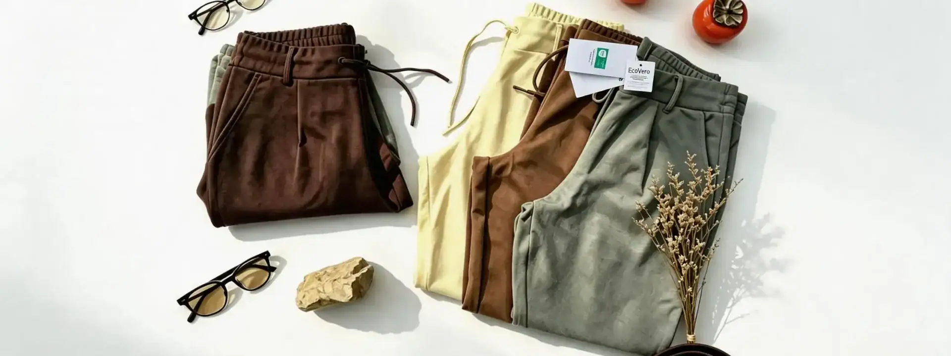 A collection of casual shorts in various colors including brown, beige, green, and gray, displayed with accessories like sunglasses and a small plant, perfect for summer wear.