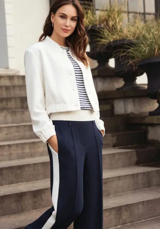 Fashionable woman in a white bomber jacket, striped top, and navy wide-leg pants with white side stripes, standing outdoors on steps.