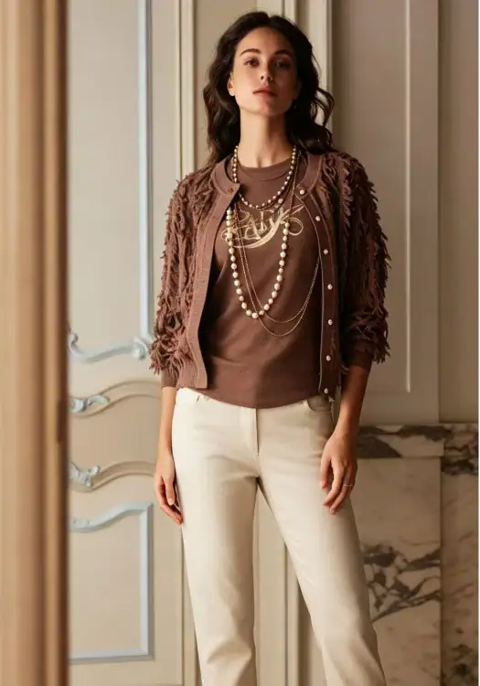 Stylish woman wearing a brown textured jacket, layered pearl necklaces, and cream-colored pants in a sophisticated interior setting.