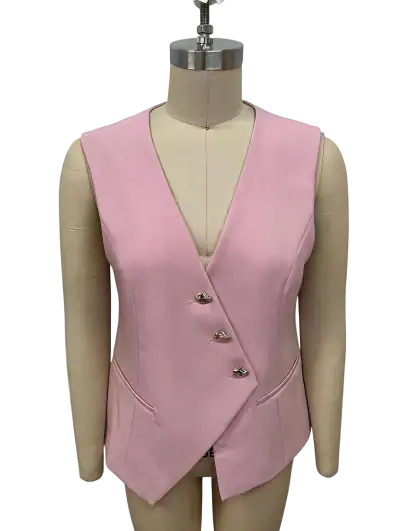 Stylish pink women's vest with a V-neck and button details, perfect for fashionable outfits and versatile styling.