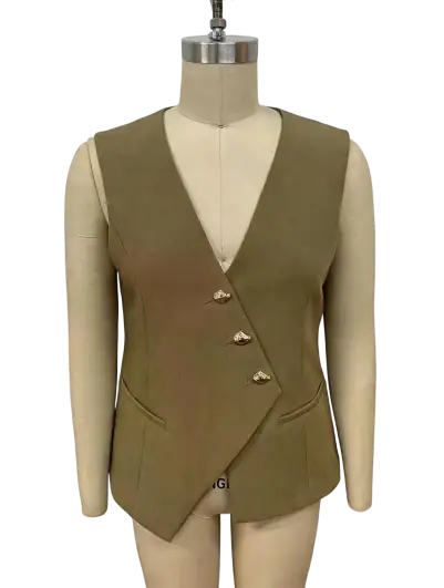 Stylish women's blazer in olive green with a modern asymmetric design and three decorative buttons, perfect for professional or casual wear.