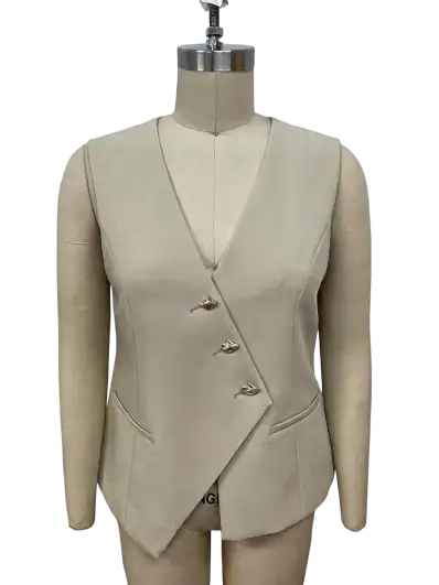 Stylish beige women's blazer with asymmetric button closure, tailored fit, and modern design, perfect for professional or casual wear.
