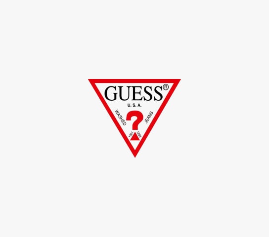 Guess U.S.A. logo featuring a red triangle with a question mark and the brand name inside, representing fashion and apparel branding.