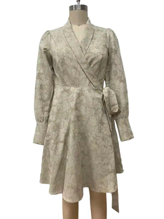 Luxurious beige lace coat with a wrap design, long sleeves, and a matching belt, perfect for stylish winter or fall wear.