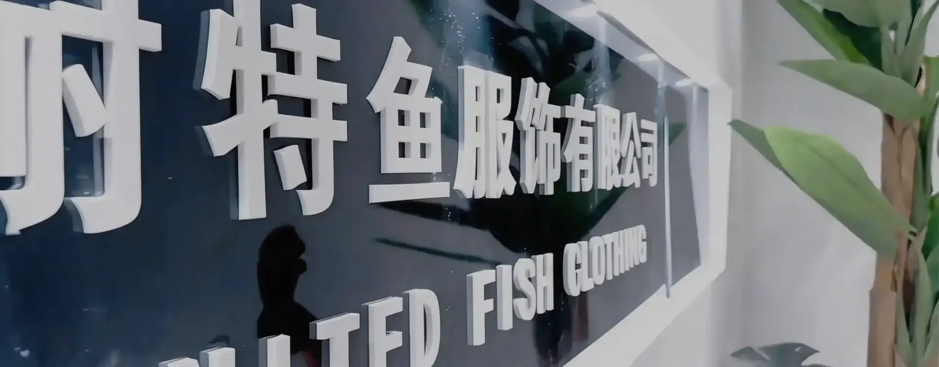 Close-up of the Fish Clothing company sign with Chinese characters and English translation, displayed on a glass window with reflections and green plant leaves nearby.