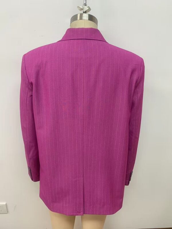 Bright pink women's blazer with subtle pinstripe pattern, tailored fit, and classic lapel, perfect for stylish office wear or formal occasions.
