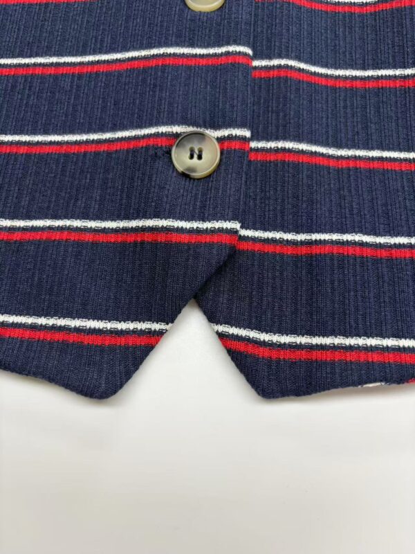 Close-up of navy blue blazer with red and white horizontal stripes and beige buttons, showcasing detailed fabric texture and design.
