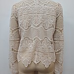 Beautiful beige lace blouse with intricate floral patterns, long sleeves, and a high neckline, perfect for formal or special occasions.