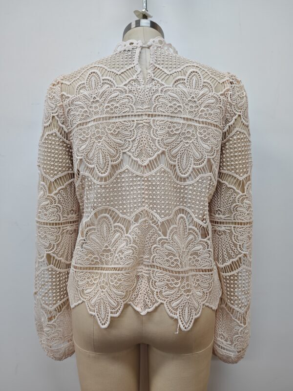 Beautiful beige lace blouse with intricate floral patterns, long sleeves, and a high neckline, perfect for formal or special occasions.