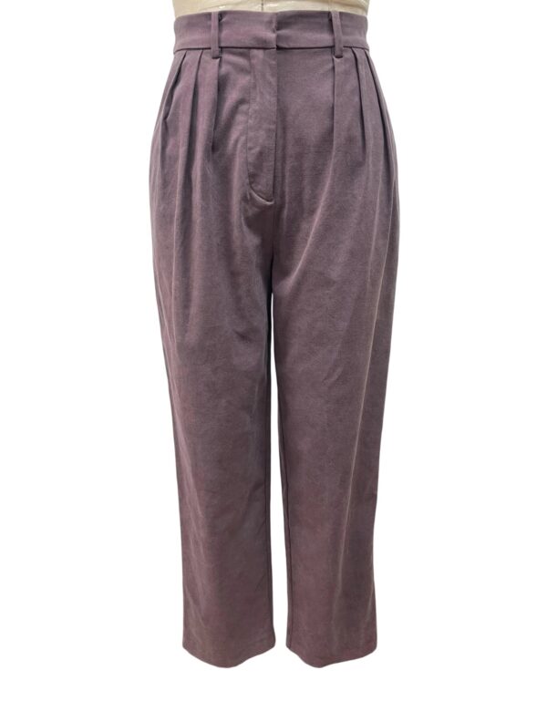 Stylish high-waisted women's trousers in a muted mauve color, featuring pleats and a relaxed fit, perfect for office or casual wear.