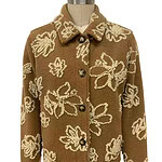 Brown wool jacket with cream floral embroidery, button-up front, and classic collar, perfect for fall and winter fashion.