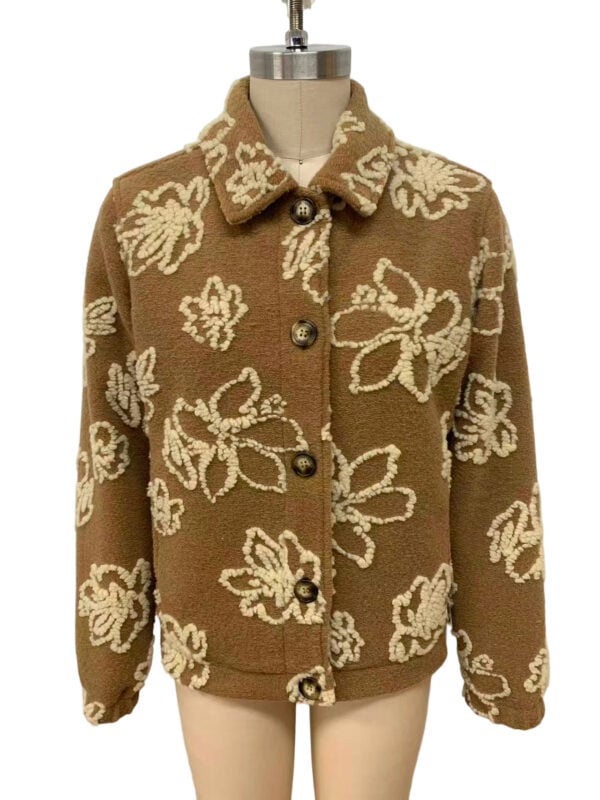 Brown wool jacket with cream floral embroidery, button-up front, and classic collar, perfect for fall and winter fashion.