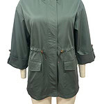 Elegant green hooded raincoat with adjustable drawstrings, large front pockets, and rolled-up sleeves, perfect for rainy weather and casual outings.