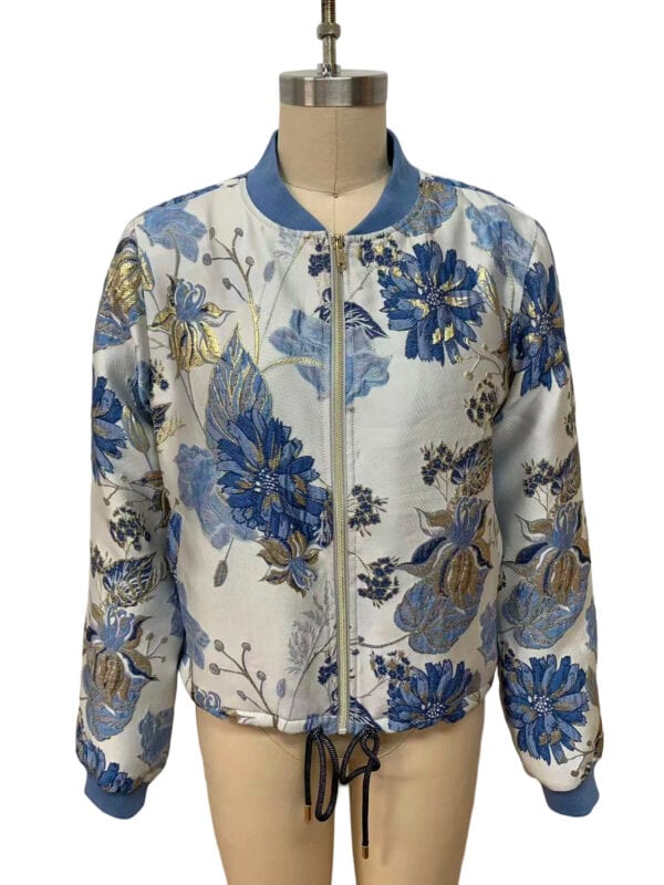 Elegant women's bomber jacket with blue floral embroidery, ribbed collar cuffs, and a front zipper, perfect for stylish casual wear.