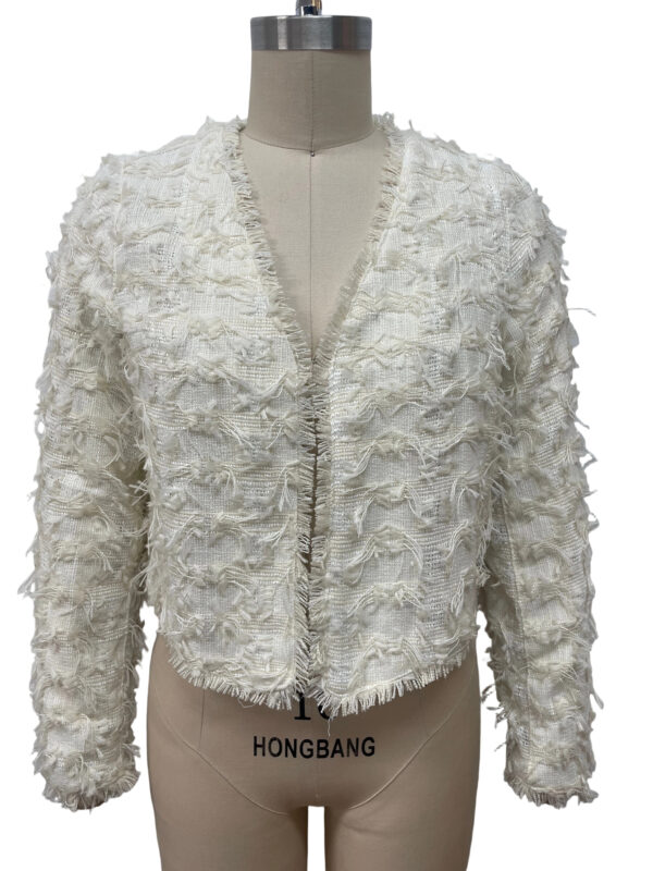 Stylish white textured women's jacket with a zip closure, perfect for fashionable casual or formal wear.