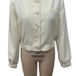 Cream-colored women's bomber jacket with satin finish, front button closure, and elastic cuffs, perfect for stylish casual wear.