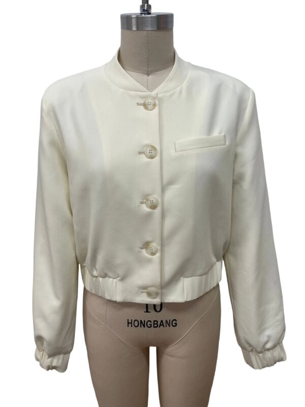 Cream-colored women's bomber jacket with satin finish, front button closure, and elastic cuffs, perfect for stylish casual wear.