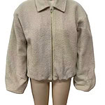 Elegant beige wool bomber jacket with a front zipper, classic collar, and oversized sleeves, perfect for stylish winter or fall outfits.