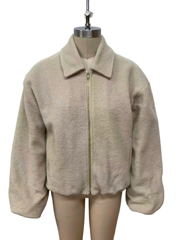 Elegant beige wool bomber jacket with a front zipper, classic collar, and oversized sleeves, perfect for stylish winter or fall outfits.