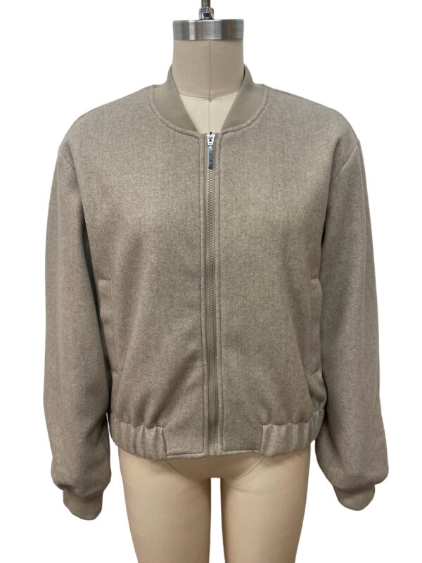 Stylish beige bomber jacket with zip closure, ribbed cuffs and hem, perfect for casual wear and layering in fall and winter.
