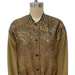 Stylish brown bomber jacket with intricate embroidery and ribbed collar, perfect for casual or semi-formal wear.