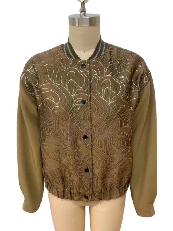 Stylish brown bomber jacket with intricate embroidery and ribbed collar, perfect for casual or semi-formal wear.