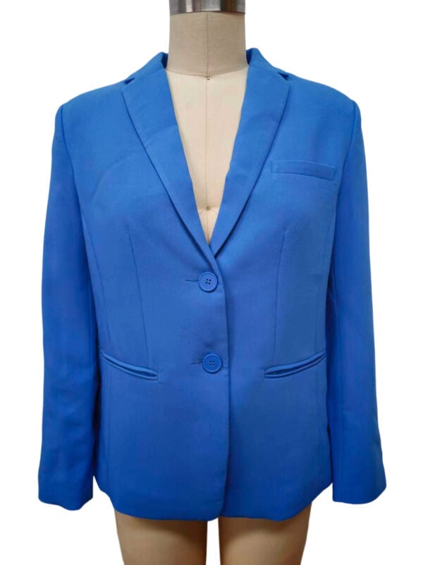 Stylish blue women's blazer with tailored fit, two buttons, and classic lapel, perfect for professional and formal occasions.
