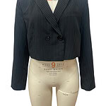 Black pinstripe blazer with double-breasted buttons, tailored fit, and notched lapels, ideal for professional or stylish casual wear.