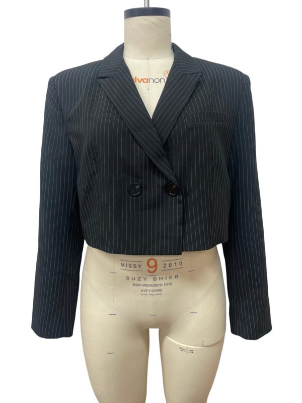 Black pinstripe blazer with double-breasted buttons, tailored fit, and notched lapels, ideal for professional or stylish casual wear.