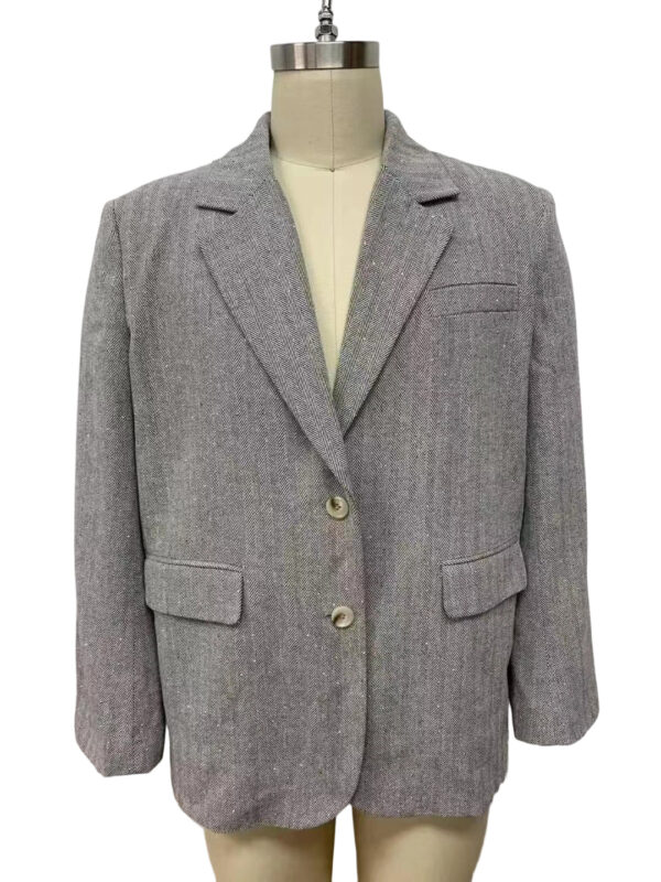 Stylish grey wool blazer with a tailored fit, featuring a notched lapel, two buttons, and multiple pockets, perfect for professional or casual wear.
