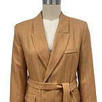 Stylish tan pinstripe blazer with a waist belt, tailored fit, and classic lapel, perfect for professional or casual wear.