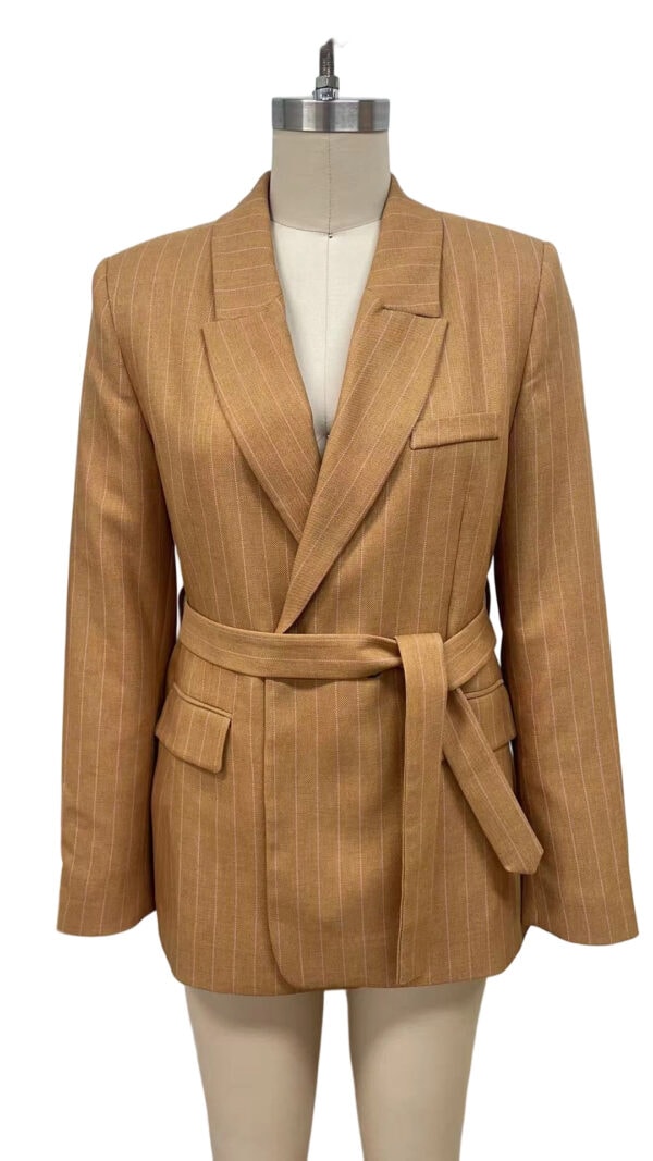 Stylish tan pinstripe blazer with a waist belt, tailored fit, and classic lapel, perfect for professional or casual wear.