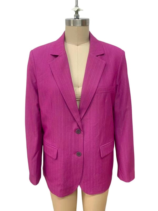 Bright pink women's blazer with a tailored fit, featuring a notched lapel, two-button closure, and flap pockets, perfect for stylish office wear or casual outings.