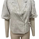 Stylish light gray blazer with puff sleeves and a tie waist, perfect for formal or business casual occasions.