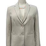 Light beige women's blazer with tailored fit, notched lapel, two-button closure, and front pockets, suitable for professional or formal occasions.