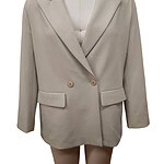 Stylish beige women's blazer with a tailored fit, featuring a notched lapel collar, two-button closure, and flap pockets, perfect for professional or casual wear.