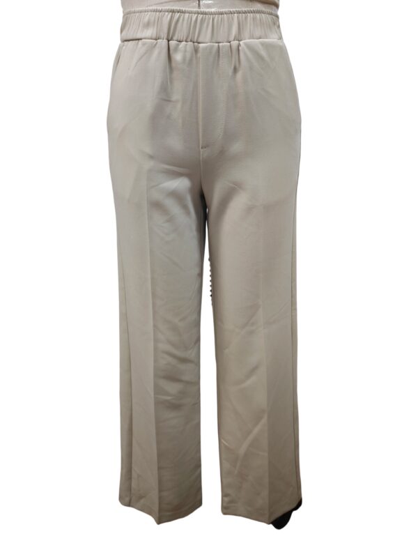 Beige wide-leg trousers with elastic waistband, perfect for casual or office wear, made from comfortable fabric, stylish and versatile.