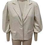 Beige women's blazer with puff sleeves and tailored fit, perfect for stylish office wear or casual outings.