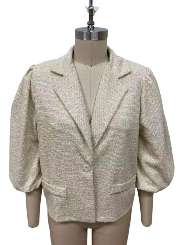 Beige women's blazer with puff sleeves and tailored fit, perfect for stylish office wear or casual outings.