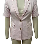 Stylish light pink women's blazer with short sleeves, tailored fit, and two front buttons, perfect for professional or casual wear.